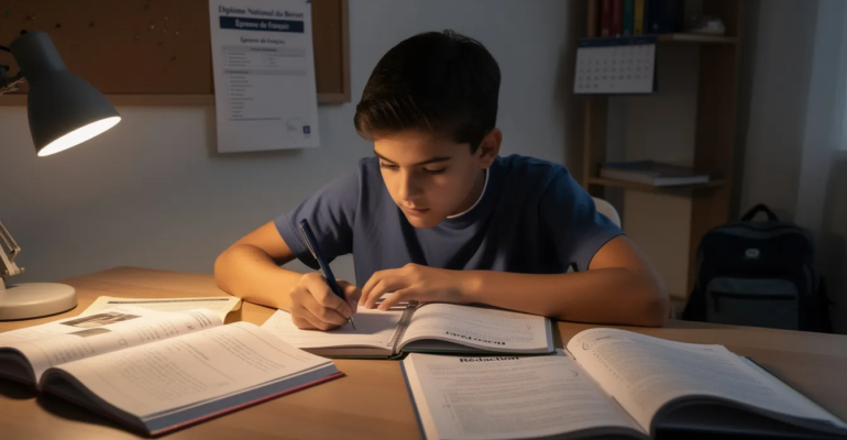 Un adolescent est assis à son bureau, plongé dans ses révisions de français, entouré de plusieurs cahiers ouverts. Il se prépare pour l'épreuve du diplôme national du brevet, espérant obtenir une bonne note pour sécuriser son passage au lycée.