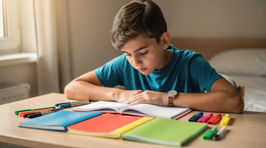 Un adolescent assis à un bureau, entouré de cahiers colorés et de stylos, se concentre sur ses révisions pour le brevet de français. Il utilise des fiches de révision pour maîtriser la grammaire et la compréhension de texte.