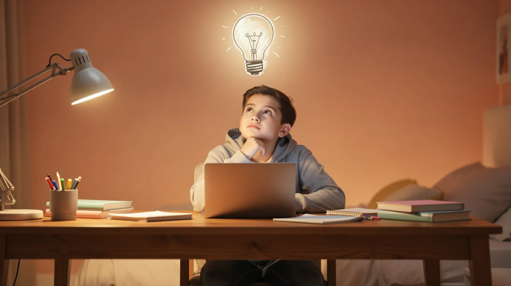 Un adolescent est assis à un bureau avec un ordinateur portable, l'air pensif, tandis qu'un croquis d'ampoule flotte au-dessus de sa tête, symbolisant une réflexion créative. Les couleurs chaudes et encourageantes évoquent un esprit critique et une approche inspirée par la méthode socratique, où le questionnement est essentiel pour trouver des vérités.
