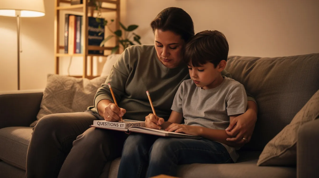Une image chaleureuse montre un parent et un enfant assis côte à côte, tous deux absorbés par un carnet et un crayon, illustrant la méthode socratique d'apprentissage par le questionnement. La lumière douce et l'atmosphère confortable de la pièce favorisent un cadre propice à la réflexion et au dialogue.