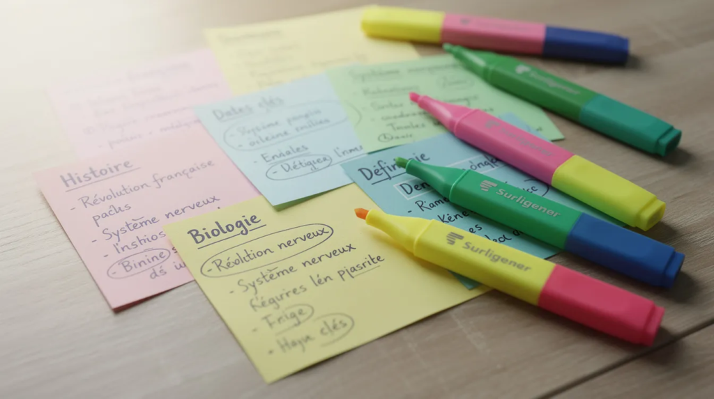 Des fiches de révision colorées, portant des notes sur l'histoire-géo et le français, sont étalées sur une table en bois, accompagnées de surligneurs, prêtes pour aider les élèves à se préparer efficacement à l'épreuve du brevet. Ces supports visuels facilitent la compréhension et l'organisation des connaissances pour une révision optimale.
