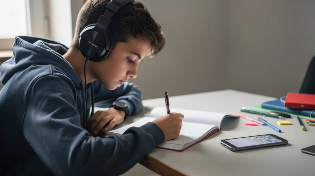 Un adolescent portant des écouteurs est assis à un bureau, écrivant dans un cahier, tandis qu'un téléphone est posé à côté de lui. Cette scène évoque l'apprentissage et l'écriture, des éléments essentiels pour la maîtrise de la langue française et l'exercice de la dictée.