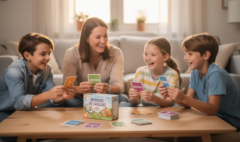 Une famille joyeuse est réunie autour de la table, jouant à un jeu de questions-réponses avec des cartes en main. L'image illustre parfaitement comment les jeux de société, comme ce jeu d'ambiance, permettent d'apprendre le français en s'amusant, que ce soit entre amis ou en famille.