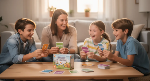Une famille joyeuse est réunie autour de la table, jouant à un jeu de questions-réponses avec des cartes en main. L'image illustre parfaitement comment les jeux de société, comme ce jeu d'ambiance, permettent d'apprendre le français en s'amusant, que ce soit entre amis ou en famille.