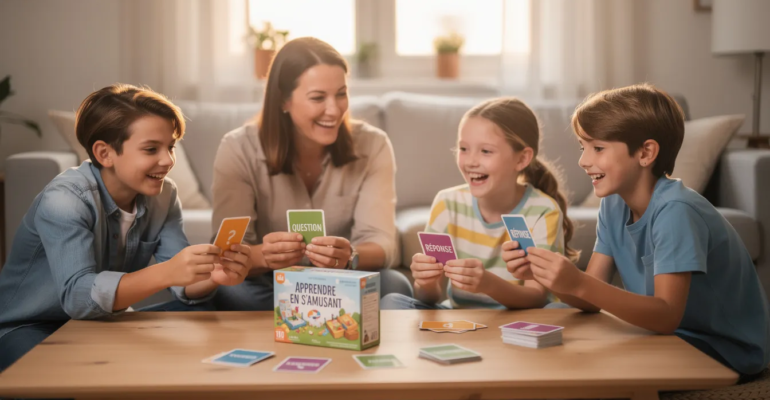 Une famille joyeuse est réunie autour de la table, jouant à un jeu de questions-réponses avec des cartes en main. L'image illustre parfaitement comment les jeux de société, comme ce jeu d'ambiance, permettent d'apprendre le français en s'amusant, que ce soit entre amis ou en famille.