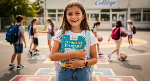 Une collégienne souriante se tient dans une cour de récréation, tenant un manuel de grammaire (français) ouvert. Elle semble en pleine révision des fonctions grammaticales, entourée de camarades qui discutent joyeusement, ajoutant une touche fun à l'ambiance scolaire.