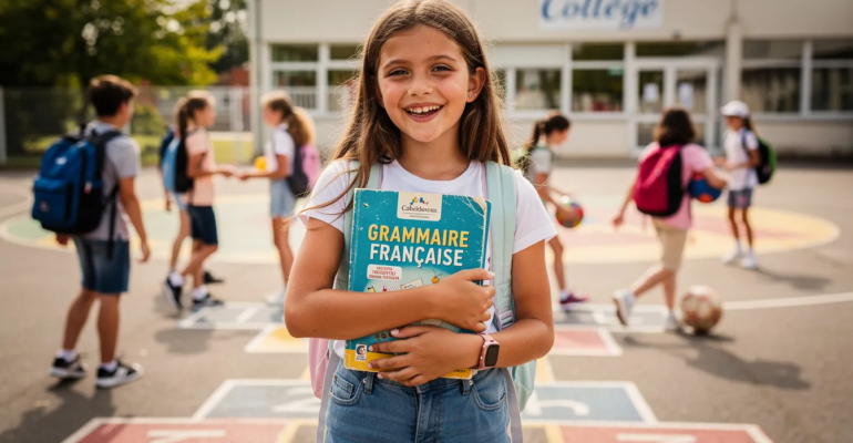 Une collégienne souriante se tient dans une cour de récréation, tenant un manuel de grammaire (français) ouvert. Elle semble en pleine révision des fonctions grammaticales, entourée de camarades qui discutent joyeusement, ajoutant une touche fun à l'ambiance scolaire.