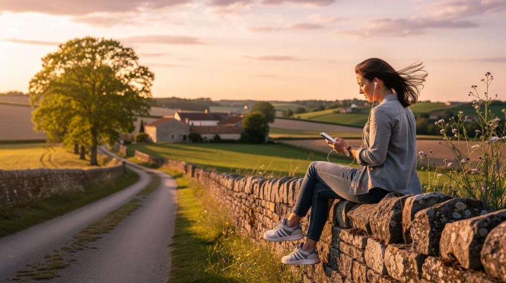 Un paysage de campagne française illuminé par le coucher du soleil, où une personne est assise sur un muret, écoutant des podcasts avec des écouteurs. Ce moment de détente au cœur de la nature évoque une pause agréable pendant les vacances, idéale pour se cultiver et enrichir ses connaissances.