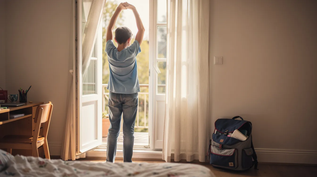 Un adolescent détendu s'étire devant une fenêtre ouverte, tandis qu'un sac de cours est posé à côté de lui, prêt pour la révision du brevet de français. Cette scène évoque un moment de calme avant de se plonger dans les fiches de révision et les exercices de compréhension nécessaires pour l'épreuve.