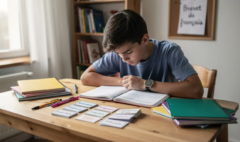Un adolescent concentré est assis à un bureau, entouré de cahiers colorés et de stylos, avec une montre à côté. Il semble s'appliquer à ses révisions pour le brevet de français, utilisant des fiches de révision pour maîtriser la grammaire et la compréhension de texte.