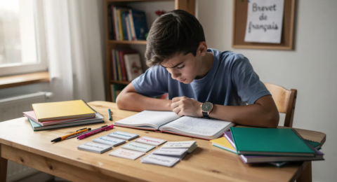 Un adolescent concentré est assis à un bureau, entouré de cahiers colorés et de stylos, avec une montre à côté. Il semble s'appliquer à ses révisions pour le brevet de français, utilisant des fiches de révision pour maîtriser la grammaire et la compréhension de texte.