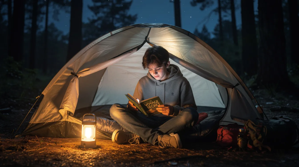 Un adolescent est assis sous une tente de camping, éclairé par une petite lampe, en train de lire un livre. L'ambiance nocturne crée un cadre paisible pour cette activité, idéale pour renforcer ses compétences en français pendant les vacances.