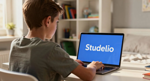 Un collégien de 12 ans est assis devant son ordinateur, concentré sur son travail. L'écran affiche le mot "Studelio" en blanc sur un fond bleu vif, illustrant une activité d'apprentissage qui pourrait aider les enfants à développer leurs compétences pendant les vacances.