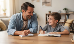 Sur l'image, un père amusé fait une dictée à son fils de 12 ans, tous deux concentrés sur l'exercice d'orthographe. Ils sont assis à une table près d'une fenêtre, entourés de livres et de matériel scolaire, créant une ambiance ludique et éducative.
