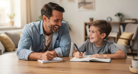Sur l'image, un père amusé fait une dictée à son fils de 12 ans, tous deux concentrés sur l'exercice d'orthographe. Ils sont assis à une table près d'une fenêtre, entourés de livres et de matériel scolaire, créant une ambiance ludique et éducative.