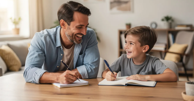 Sur l'image, un père amusé fait une dictée à son fils de 12 ans, tous deux concentrés sur l'exercice d'orthographe. Ils sont assis à une table près d'une fenêtre, entourés de livres et de matériel scolaire, créant une ambiance ludique et éducative.