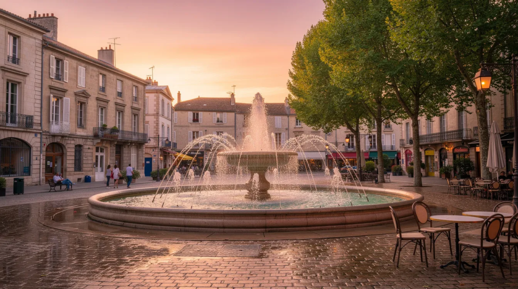 L'image montre des fontaines publiques élégantes sur une place d'une ville française, illuminées par la douce lumière du coucher de soleil en été. Les élèves et enfants peuvent profiter de ce cadre paisible pour réviser leurs dictées et exercices de grammaire tout en admirant la beauté du paysage.