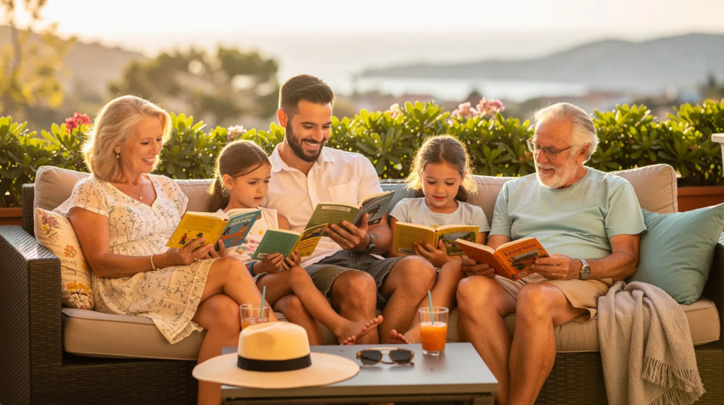 Une famille est réunie sur une terrasse ensoleillée, chacun plongé dans la lecture de différents livres, bandes dessinées et magazines pendant les vacances d'été. Cette scène évoque le plaisir de la lecture et l'imagination, tout en renforçant les liens entre parents et enfants.