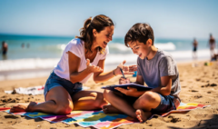 Une mère souriante aide son enfant de 14 ans à faire une dictée sur la plage, entourés de sable et de vagues, créant une ambiance ludique et estivale. Ils sont assis sur une serviette, jouant tout en apprenant les bases de l'orthographe et de la grammaire.