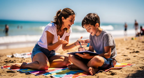 Une mère souriante aide son enfant de 14 ans à faire une dictée sur la plage, entourés de sable et de vagues, créant une ambiance ludique et estivale. Ils sont assis sur une serviette, jouant tout en apprenant les bases de l'orthographe et de la grammaire.