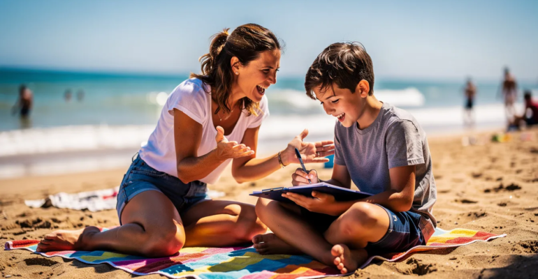 Une mère souriante aide son enfant de 14 ans à faire une dictée sur la plage, entourés de sable et de vagues, créant une ambiance ludique et estivale. Ils sont assis sur une serviette, jouant tout en apprenant les bases de l'orthographe et de la grammaire.