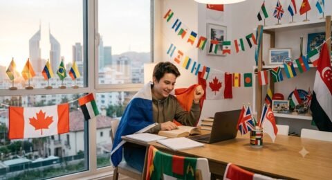 Une photographie d'un jeune homme souriant, assis à une table en bois et entouré de drapeaux. Il porte un pull à capuche marron et un jean bleu. Il regarde une page d'un livre ouvert tout en tapant sur son ordinateur portable. Un cahier et des stylos sont posés sur la table. À l'arrière-plan, une fenêtre donne sur une ville animée avec des gratte-ciel.