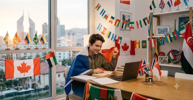 Une photographie d'un jeune homme souriant, assis à une table en bois et entouré de drapeaux. Il porte un pull à capuche marron et un jean bleu. Il regarde une page d'un livre ouvert tout en tapant sur son ordinateur portable. Un cahier et des stylos sont posés sur la table. À l'arrière-plan, une fenêtre donne sur une ville animée avec des gratte-ciel.
