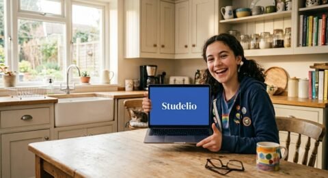 une photo d’une collégienne contente et fun qui montre son ordinateur, sur l’ordinateur il y a juste “Studelio” écrit en blanc au milieu (police Yeseva One) et un fond #3261c5
