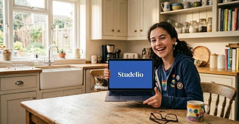 une photo d’une collégienne contente et fun qui montre son ordinateur, sur l’ordinateur il y a juste “Studelio” écrit en blanc au milieu (police Yeseva One) et un fond #3261c5