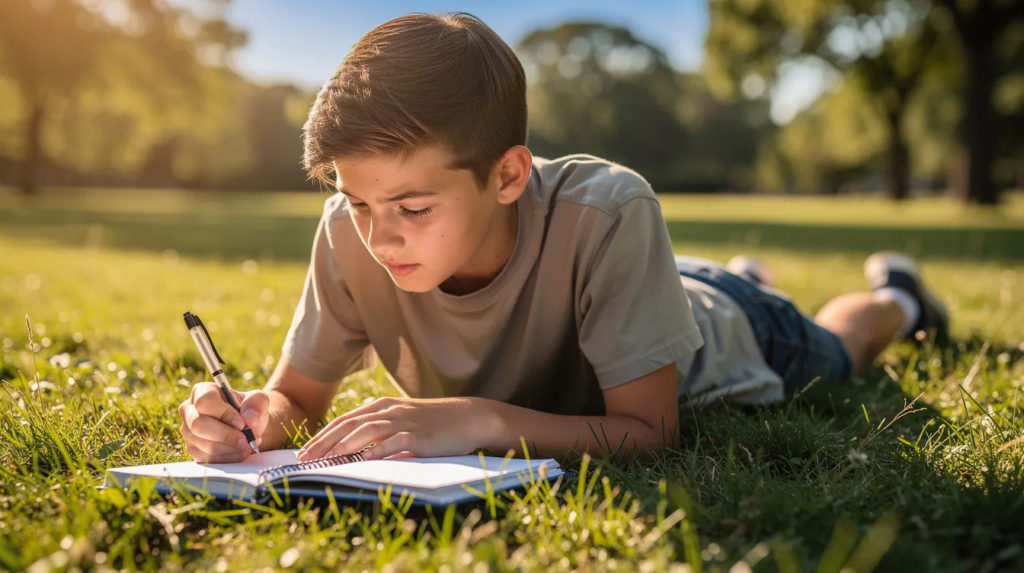 Un adolescent est allongé dans l'herbe verte en été, lisant un cahier avec un stylo à la main, probablement en train de préparer des exercices d'orthographe ou de grammaire pour ses vacances. Cette scène évoque un moment de détente tout en s'engageant dans l'apprentissage du français.