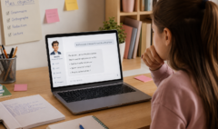 Collégien utilisant une intelligence artificielle pédagogique pour apprendre le français en réfléchissant à ses exercices.