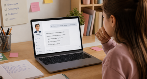 Collégien utilisant une intelligence artificielle pédagogique pour apprendre le français en réfléchissant à ses exercices.