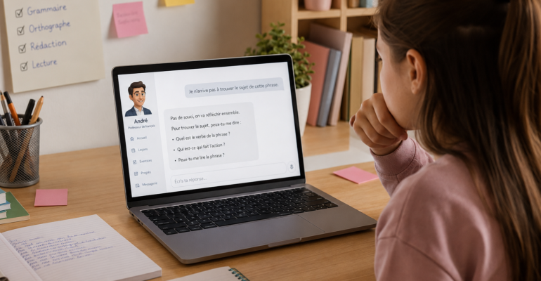 Collégien utilisant une intelligence artificielle pédagogique pour apprendre le français en réfléchissant à ses exercices.