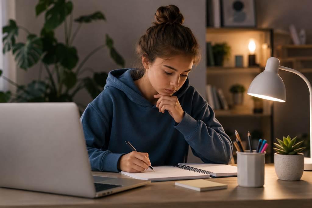 Élève de collège travaillant ses devoirs de français avec une intelligence artificielle pédagogique qui l'aide à réfléchir et à apprendre.