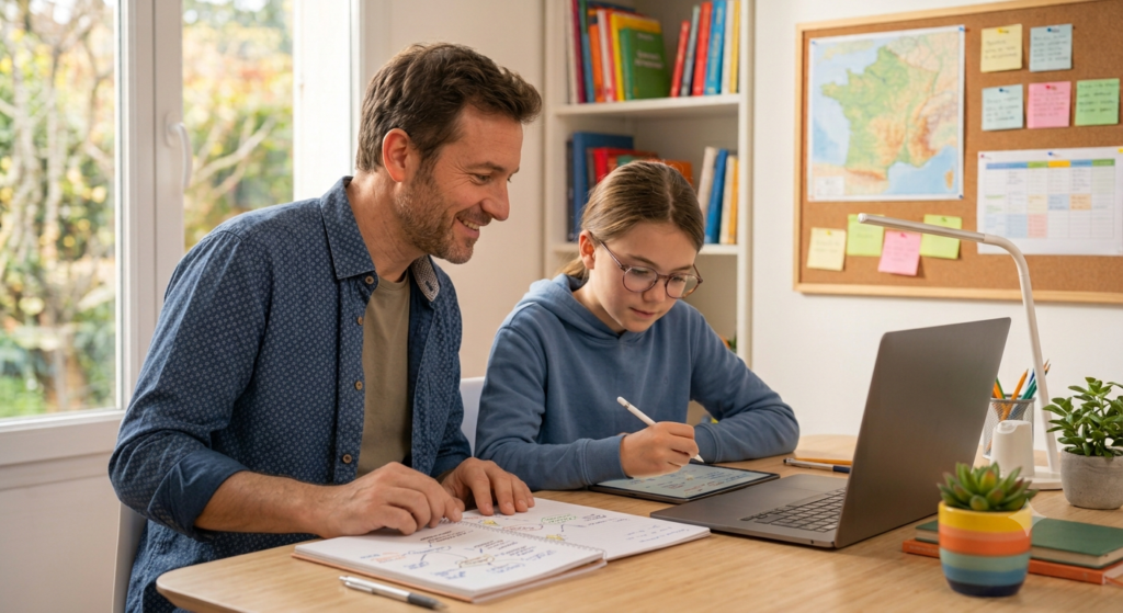 Un père et sa fille souriants travaillent ensemble sur une leçon de français Studelio à un bureau lumineux. Le père, en chemise bleue, regarde la tablette centrale qui affiche un message d'encouragement d'André, le professeur IA de Studelio : 'C'est un excellent début de carte mentale, Léa. Comment vas-tu organiser l'accord avec l'auxiliaire 'avoir' ?'. Léa, portant des lunettes et un pull à capuche bleu, écrit sur une deuxième tablette avec un stylet, dessinant une carte mentale complexe sur l'accord des participes passés. Ils sont entourés de cahiers et d'une carte de France, illustrant la collaboration et l'apprentissage actif sur la plateforme de soutien scolaire Studelio. L'ambiance est chaleureuse et studieuse.