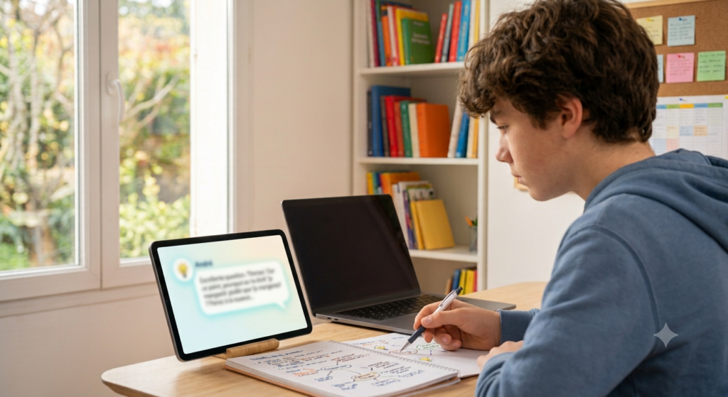 Une photo d'ambiance studieuse et chaleureuse pour Studelio, montrant le collégien Thomas (le même élève que sur la première photo, toujours en pull à capuche bleu) assis à son bureau en bois. Il est vu de profil, concentré, un stylo à la main, annotant un cahier de notes de français rempli de diagrammes. Devant lui, sur un support en bois, une tablette est allumée. Son écran est flouté mais on distingue le design de l'interface de discussion de Studelio, symbolisant la présence d'« André », le professeur IA, sans révéler le contenu textuel. L'arrière-plan, avec la bibliothèque colorée et la fenêtre lumineuse donnant sur la verdure, maintient la continuité visuelle de l'espace de travail.
