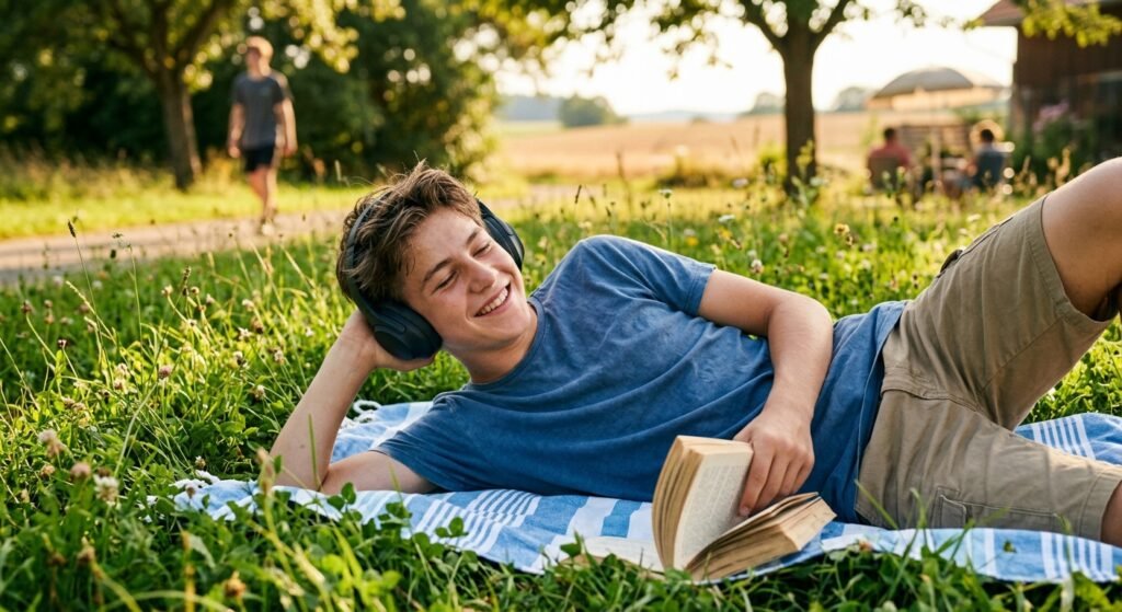 Ado détendu allongé dans l'herbe en été, écouteurs aux oreilles, en train de réviser en s'amusant