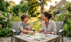 Adolescent et parent riant ensemble autour d'un jeu de société en extérieur, ambiance vacances studieuses