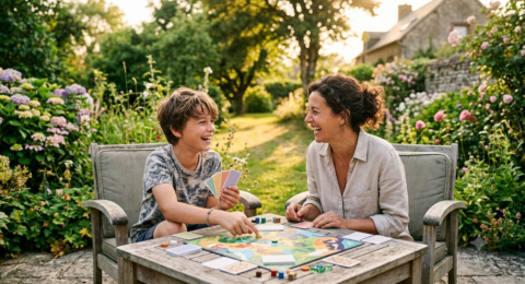 Adolescent et parent riant ensemble autour d'un jeu de société en extérieur, ambiance vacances studieuses