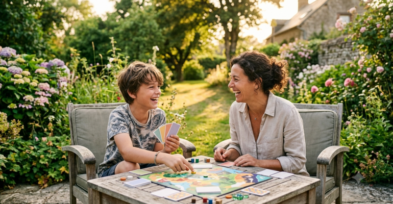 Adolescent et parent riant ensemble autour d'un jeu de société en extérieur, ambiance vacances studieuses