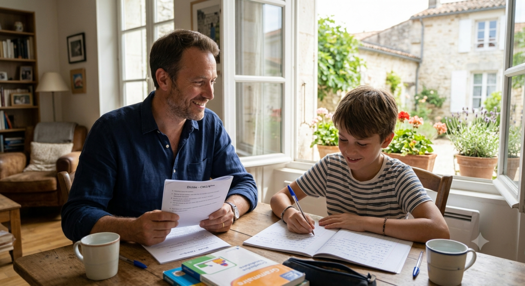 Parent faisant réviser la dictée de français à son enfant pendant l'été