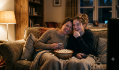 Une photo réaliste et chaleureuse, capturée en soirée dans un salon confortable. Un adolescent et son parent sont assis l'un à côté de l'autre sur un canapé moelleux, tous deux riant joyeusement en regardant un film. Un bol de pop-corn, légèrement renversé, est posé sur les coussins du canapé entre eux. La scène est éclairée par la lumière douce et chaude d'une lampe de table, créant une atmosphère intime. L'arrière-plan du salon est flou, tandis que les visages souriants de l'adolescent et du parent sont nets et rayonnants de bonheur sincère. Le style photographique est cinématographique, avec une faible profondeur de champ qui concentre l'attention sur les deux personnes et leur interaction.