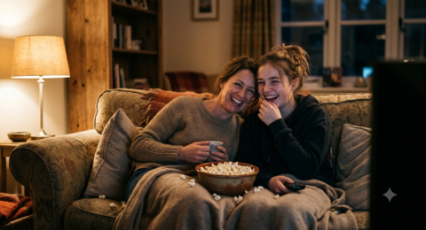 Une photo réaliste et chaleureuse, capturée en soirée dans un salon confortable. Un adolescent et son parent sont assis l'un à côté de l'autre sur un canapé moelleux, tous deux riant joyeusement en regardant un film. Un bol de pop-corn, légèrement renversé, est posé sur les coussins du canapé entre eux. La scène est éclairée par la lumière douce et chaude d'une lampe de table, créant une atmosphère intime. L'arrière-plan du salon est flou, tandis que les visages souriants de l'adolescent et du parent sont nets et rayonnants de bonheur sincère. Le style photographique est cinématographique, avec une faible profondeur de champ qui concentre l'attention sur les deux personnes et leur interaction.