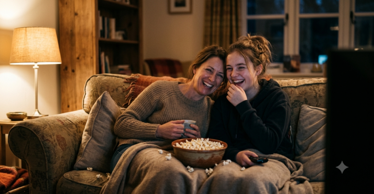 Une photo réaliste et chaleureuse, capturée en soirée dans un salon confortable. Un adolescent et son parent sont assis l'un à côté de l'autre sur un canapé moelleux, tous deux riant joyeusement en regardant un film. Un bol de pop-corn, légèrement renversé, est posé sur les coussins du canapé entre eux. La scène est éclairée par la lumière douce et chaude d'une lampe de table, créant une atmosphère intime. L'arrière-plan du salon est flou, tandis que les visages souriants de l'adolescent et du parent sont nets et rayonnants de bonheur sincère. Le style photographique est cinématographique, avec une faible profondeur de champ qui concentre l'attention sur les deux personnes et leur interaction.