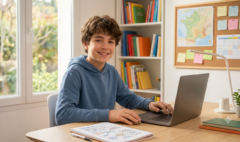 Un collégien français souriant, représentant un élève accompagné par la plateforme Studelio (studelio.com), étudie de manière autonome à son bureau à domicile. Il utilise un ordinateur portable et prend des notes dans un cahier de français, illustrant le soutien scolaire interactif et la méthode socratique de « André », le professeur IA de Studelio. L'environnement est organisé et lumineux, avec une bibliothèque et un tableau de liège en arrière-plan, symbolisant un espace d'apprentissage propice à la réussite et adapté à tous les profils (TDAH, DYS, HPI). Cette image capture l'essence du soutien scolaire moderne et personnalisé proposé par Studelio pour les élèves de la 6e à la 3e.