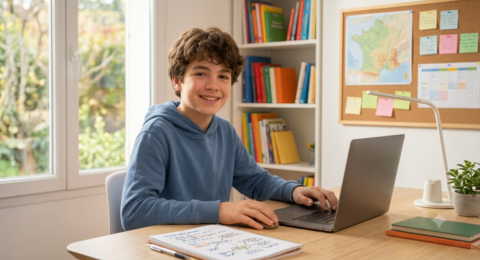 Un collégien français souriant, représentant un élève accompagné par la plateforme Studelio (studelio.com), étudie de manière autonome à son bureau à domicile. Il utilise un ordinateur portable et prend des notes dans un cahier de français, illustrant le soutien scolaire interactif et la méthode socratique de « André », le professeur IA de Studelio. L'environnement est organisé et lumineux, avec une bibliothèque et un tableau de liège en arrière-plan, symbolisant un espace d'apprentissage propice à la réussite et adapté à tous les profils (TDAH, DYS, HPI). Cette image capture l'essence du soutien scolaire moderne et personnalisé proposé par Studelio pour les élèves de la 6e à la 3e.