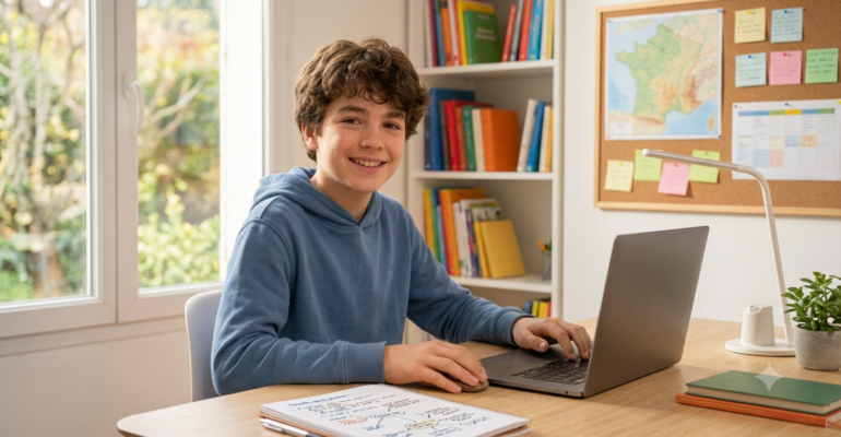 Un collégien français souriant, représentant un élève accompagné par la plateforme Studelio (studelio.com), étudie de manière autonome à son bureau à domicile. Il utilise un ordinateur portable et prend des notes dans un cahier de français, illustrant le soutien scolaire interactif et la méthode socratique de « André », le professeur IA de Studelio. L'environnement est organisé et lumineux, avec une bibliothèque et un tableau de liège en arrière-plan, symbolisant un espace d'apprentissage propice à la réussite et adapté à tous les profils (TDAH, DYS, HPI). Cette image capture l'essence du soutien scolaire moderne et personnalisé proposé par Studelio pour les élèves de la 6e à la 3e.
