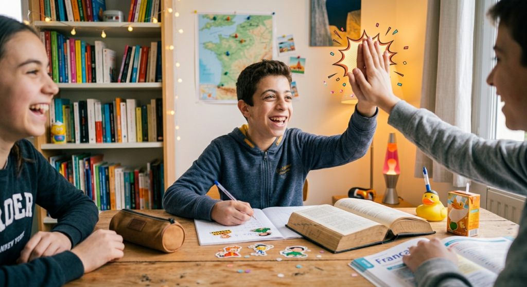 Trois adolescents, un garçon et deux filles, partagent un 'high five' au-dessus de leurs manuels scolaires ouverts sur une table en bois. Ils rient et ont l'air heureux. En arrière-plan, on voit une étagère remplie de livres, une carte d'Europe et un globe terrestre, ainsi qu'une lampe de bureau allumée, le tout éclairé par la lumière naturelle qui vient d'une fenêtre à droite.