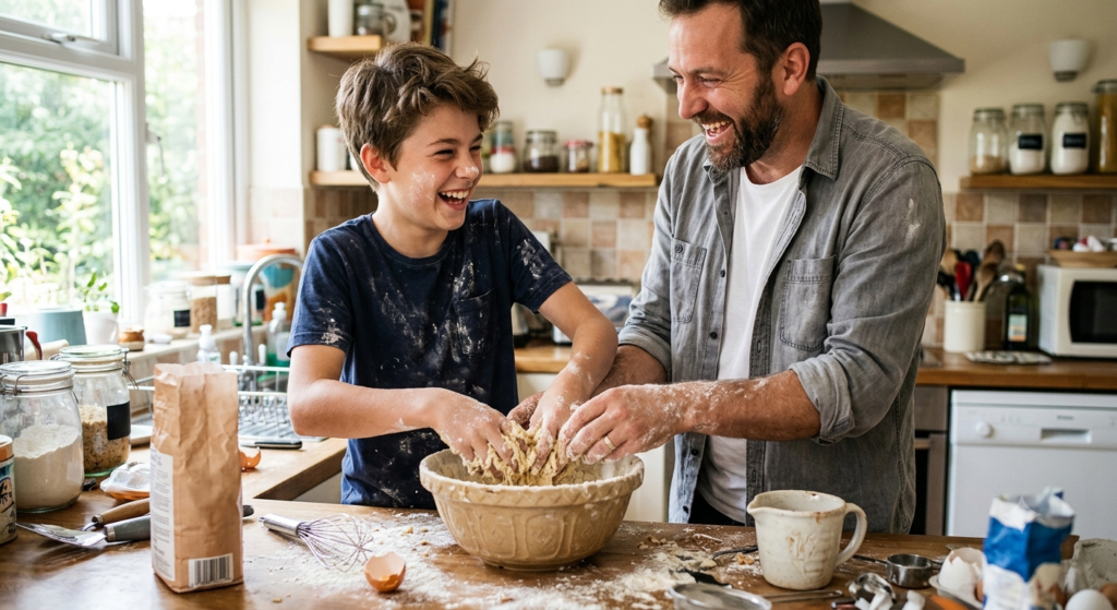 Adolescent cuisinant avec un parent dans une cuisine lumineuse, moment complice pendant les vacances
