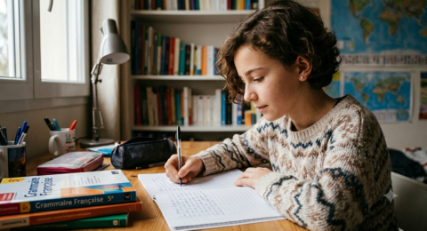 Une collégienne concentrée écrivant une dictée de français dans son cahier à son bureau
